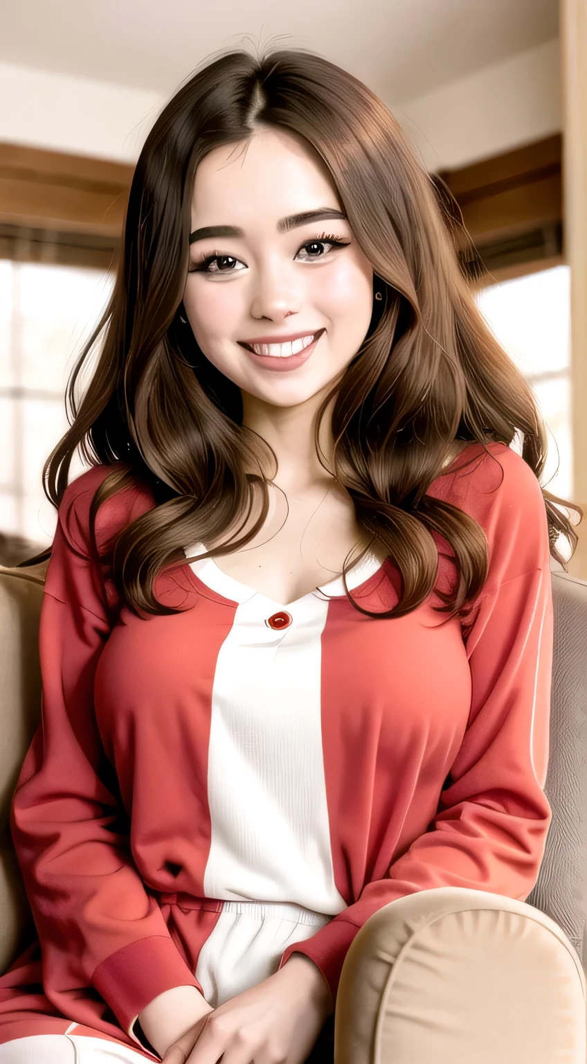 araffe woman in red and white pajamas sitting on a couch, pokimane, she is smiling and excited, violet myers, she is smiling, 2 4 year old female model, she is smiling and happy, she has perfect white teeths, she has a cute expressive face, she expressing joy, she has a cute face, long hair and red shirt