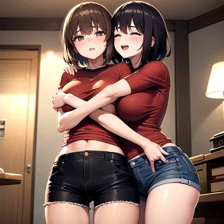 masterpiece, best quality, child, sisters, age difference, older sister, younger sister, (1girl, mature female, medium hair, light brown hair, grey eyes, black shirt, long sleeves, pants, denim, ripped clothes, big breasts, surprised, looking down at own breasts, hands on own breasts), (1girl, very short hair, brown hair, brown eyes, red shirt, short sleeves, black shorts, happy, closed eyes, hugging sister), breast size difference, indoors