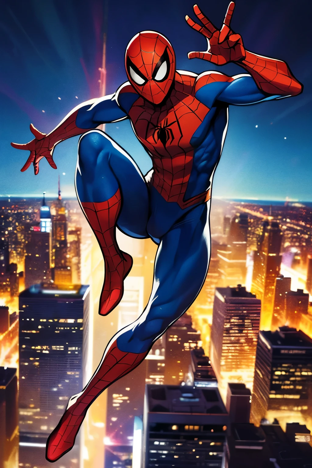 Spider-Man mural, vibrant colors, comic book style, dynamic poses, New York City skyline, Spider-Man swinging through the city, detailed web patterns, emphasized muscles, action-packed, iconic Spider-Man suit, capturing the essence of the iconic character, nostalgic vibes, expressive facial features, cityscape in the background, energetic brushstrokes, bold outlines, dramatic lighting, intense shadows, iconic poses, web-slinging, adventurous spirit, attention to costume details, vibrant red and blue colorscheme. (best quality, 4k, highres, masterpiece:1.2), ultra-detailed, (realistic, photo-realistic:1.37), vintage touch, retro aesthetic, bold and dynamic composition.