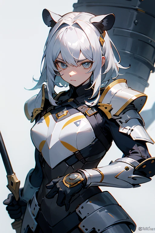 ((SFW)), masterpiece, best quality, highres 64k, professional artwork, clean, cinematic lighting, beautiful human face, beautiful blue eyes, beautiful white hair + detail, multicoloured hair, (perfect young female body:1.4), (medium breast, lactation ), sexy looking at the viewer, happy, 1girl, solo, ((Ada-1)), white skin, expressionless, cape, ((clothes + detail, sign on upper chest, armored long dress)),black bodysuit, indoors, workshop, neon lamp, arms folded, upper body, from above, standing, <lora:Ada-1 v2:0.499999>
