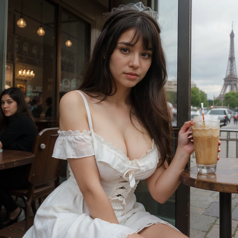 Closeup photo of a pretty young 1girl, big cheeks, very long hair,  black hair, side-swept bangs, side fring hair, medium size breasts, white lace dress and corset, wearing a white crown, sitting outside in a cafe in Paris, eiffel tower in the background, closeup , best quality, realistic, 8k,