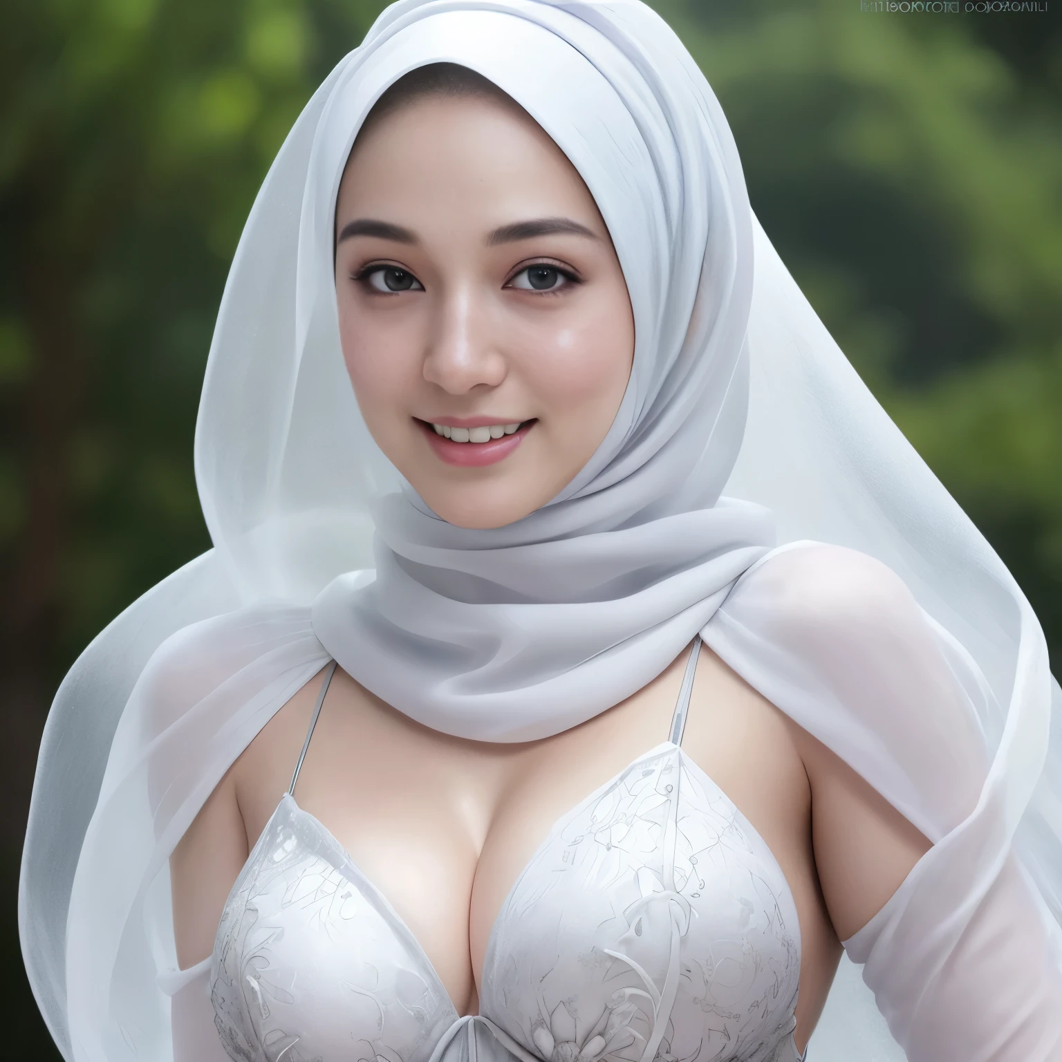 (RAW photo:1.2), (photorealistic:1.4),(masterpiece:1.3),(best quality:1.4),ultra high res,(detailed eyes),(detailed facial features),(detailed clothes features),HDR,8k resolution, skin tight, (((high detailed skin,visible pores))), dreamlike, (ulzzang-6500-v1.1:0.5),pureerosface_v1:0.2, face close-up, 1 girl,tall, 30 yo, gigantic breast, wearing tight close white silver silk malay gamis with hijab, full body, smile, luna maya, wearing high heels