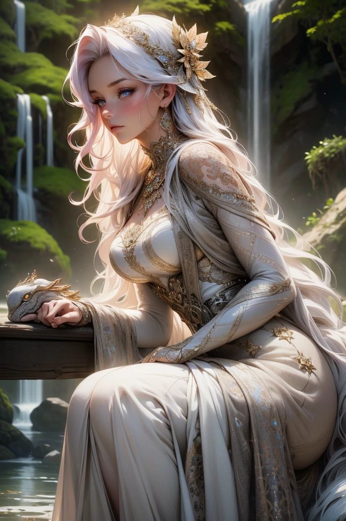{-erro_de_anatomia:1.0}(best quality,4k,8k,highres,masterpiece:1.2), ultra-detailed, (realistic,photorealistic,photo-realistic:1.37), mature milf, illyasviel von einzbern, redhead hair, full body, vibrant colors, glowing skin, mesmerizing eyes, elegant pose, enchanting background, delicate lace dress, surreal lighting, ethereal atmosphere, mystical aura, intricate details, artistic medium, digital illustration, fantasy, anime, with a snake wrapped around her neck, bathing in a waterfall, sitting in the water, looking back
