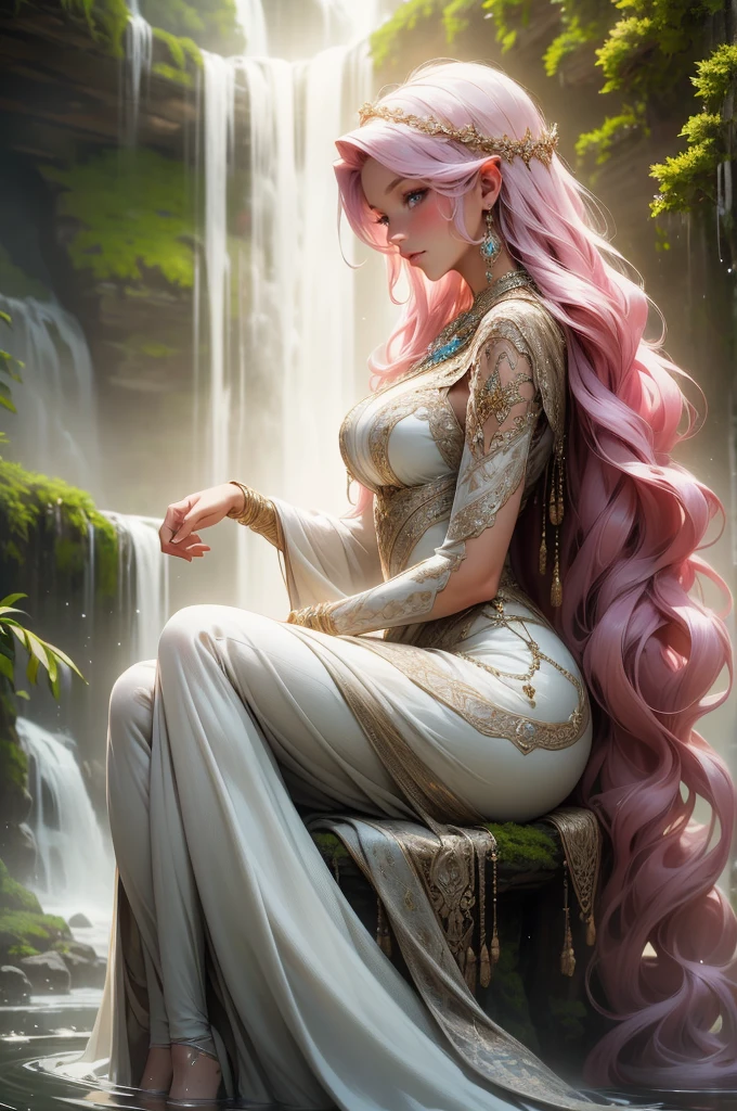 {-erro_de_anatomia:1.0}(best quality,4k,8k,highres,masterpiece:1.2), ultra-detailed, (realistic,photorealistic,photo-realistic:1.37), mature milf, illyasviel von einzbern, redhead hair, full body, vibrant colors, glowing skin, mesmerizing eyes, elegant pose, enchanting background, delicate lace dress, surreal lighting, ethereal atmosphere, mystical aura, intricate details, artistic medium, digital illustration, fantasy, anime, with a snake wrapped around her neck, bathing in a waterfall, sitting in the water, looking back
