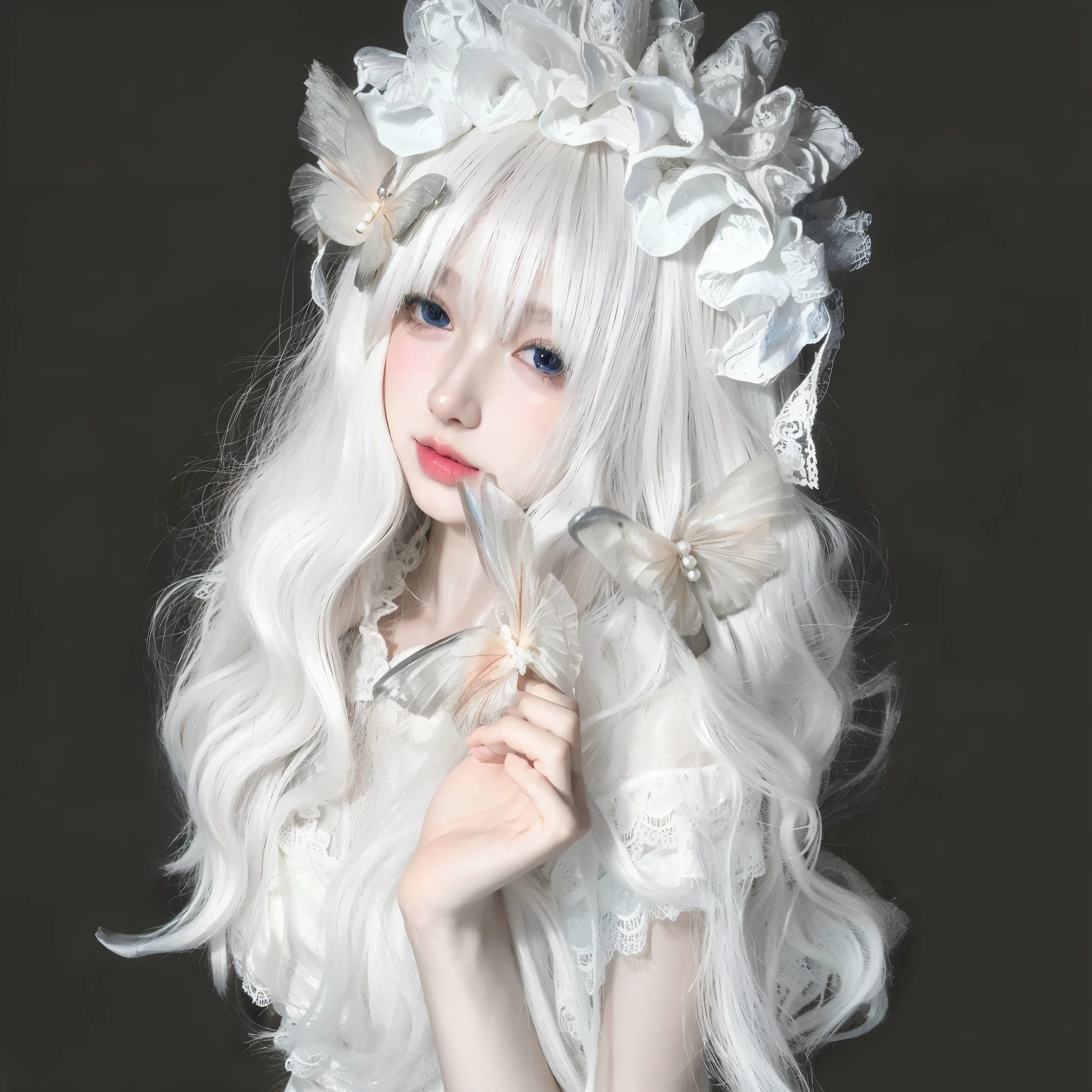 There was a woman，Has gray hair，Wearing a white dress, porcelain white skin, A masterpiece by Guwiz, guweiz, Pale young ghost girl, pale milky white porcelain skin, Fairy tale core, 4k高清. snow white hair, Baiyun long hair, Ethereal!!! hyper realisitc, pale porcelain white skin, ball jointed doll, Has white hair