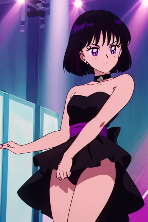 Hotaru Tomoe, Purple Eyes, Black Hair, Bob Hair, Bob Haircut, smile, little black dress, strapless dress, bare shoulders, bare collarbone, thighs, skin-tight dress, standing, nightclub background, masterpiece, best quality, ultra detailed,