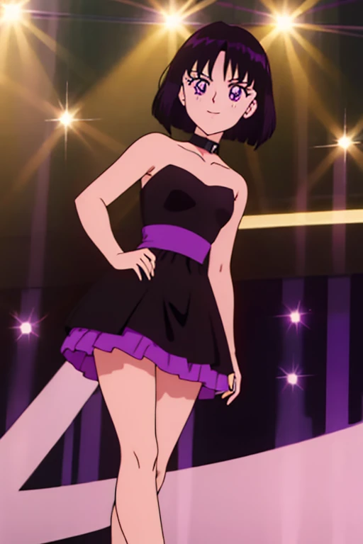 Hotaru Tomoe, Purple Eyes, Black Hair, Bob Hair, Bob Haircut, smile, little black dress, strapless dress, bare shoulders, bare collarbone, thighs, skin-tight dress, standing, nightclub background, masterpiece, best quality, ultra detailed,