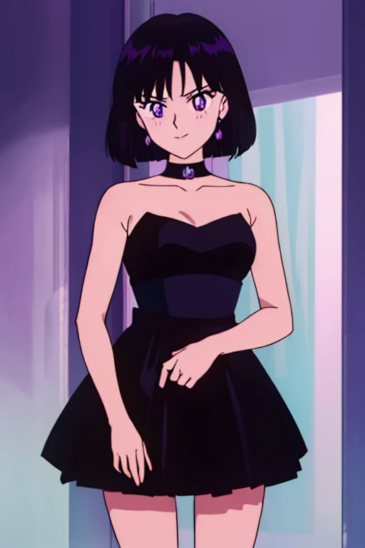 Hotaru Tomoe, Purple Eyes, Black Hair, Bob Hair, Bob Haircut, smile, little black dress, strapless dress, bare shoulders, bare collarbone, thighs, skin-tight dress, standing, nightclub background, masterpiece, best quality, ultra detailed,