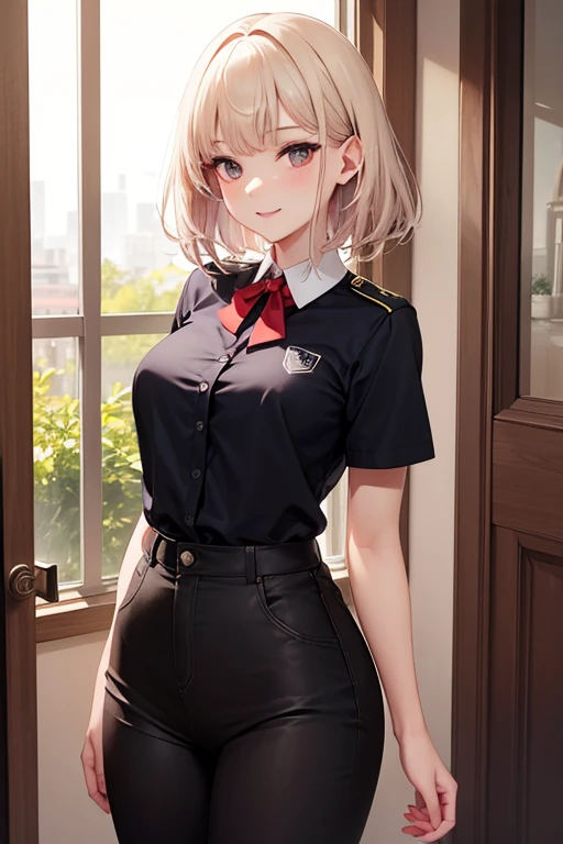 boca abierta,(besar),sexy,La mejor calidad, Stunningly Detailed,1girl,1child, sentada, cabello rubio, En pie, Pelo rojo, Cabello largo trenzado, ojos dorados, flequillo, tetas grandes, quedar, They are smiling, (mal:1.2),camisa, uniforme, white camisa, corbata negra, pantalones negros