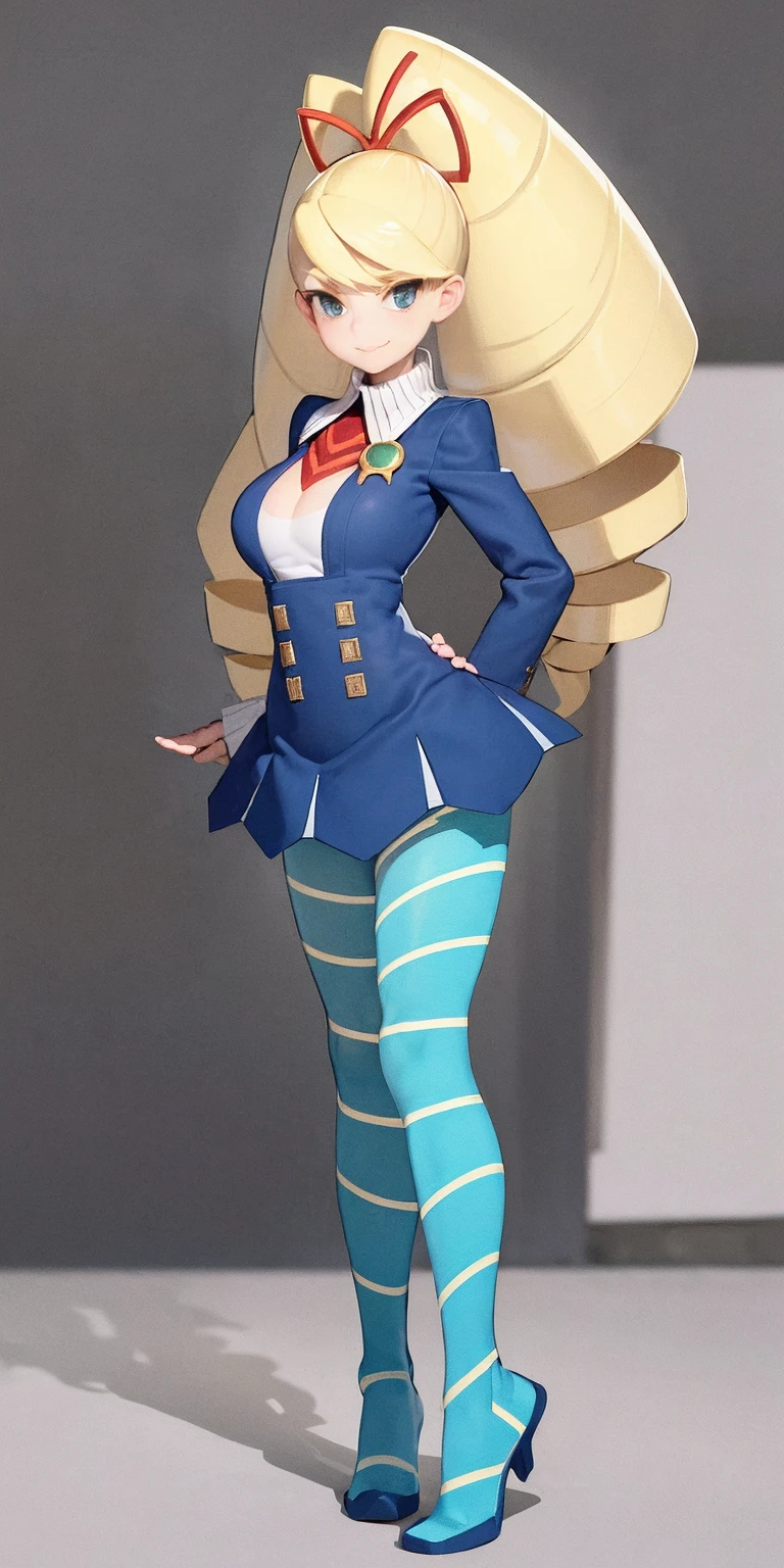 full body standing straight symmetrical, huge boob(masterpiece, best quality:1.2), cowboy shot, solo, 1girl, mmplatz, smile, looking at viewer, hands on hips, twintails, twin drills, dress, blue pantyhose, striped pantyhose, Handcuffs on their hands, With a collar around the neck