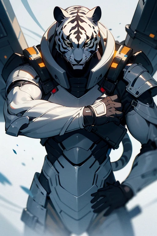 whitetiger is a white tiger half humanoid and half futuristic armor that is white male character His armor is tight to his body strong physical build he wears black gloves on his hands he has a mask on that covers his face He wears an elaborate mask that hides your identity, but behind her, your expression reveals deep secrets