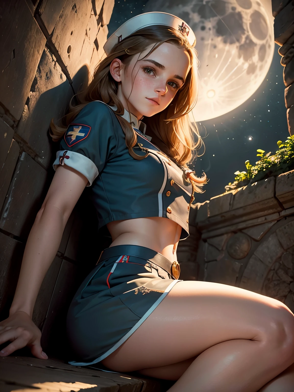 masterpiece. detailed oil painting of beautiful  emma watson as a girl nurse. freckles. braces. tight short uniform, crop top. background moon. night. dim lit. lying down resting on a wall that has intricate carvings and jewels.