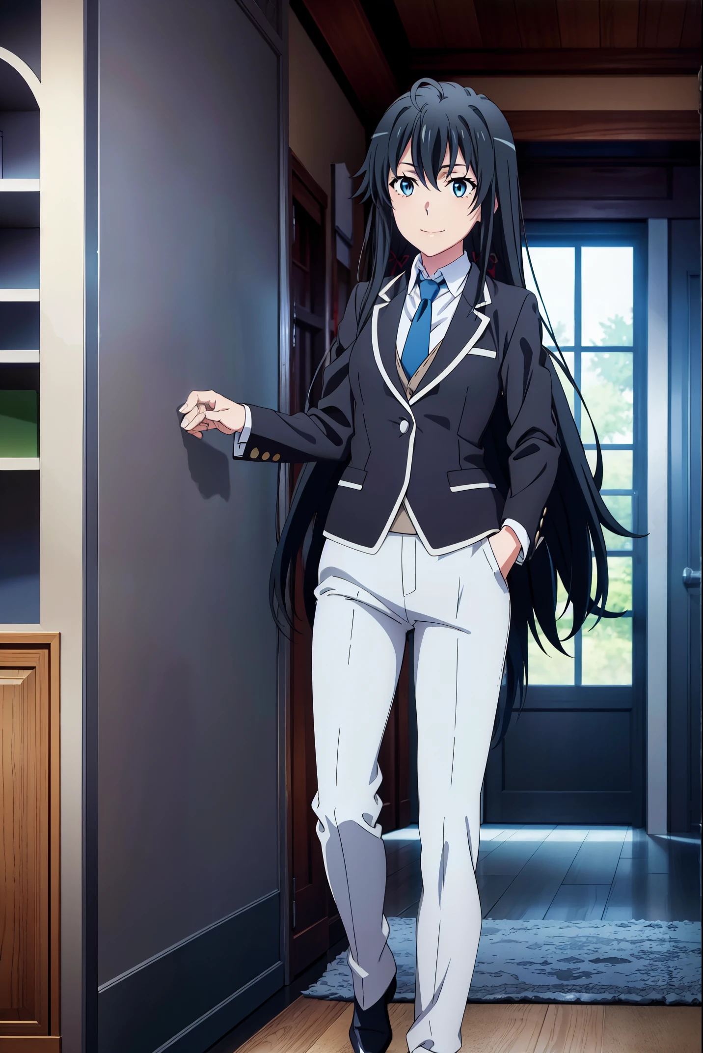 Best quality, masterpiece, highres,Yukinoshita yukino ,woman in formal attractive tailcoat standing in a large alcove in the room , 1girl, solo, blue necktie, black hair, blue eyes, long hair, smile , collared shirt, white pants, white shirt , tailored tailcoat elegant , standing in front of a window ,tailcoat tailored dancer party, badass dancer girl