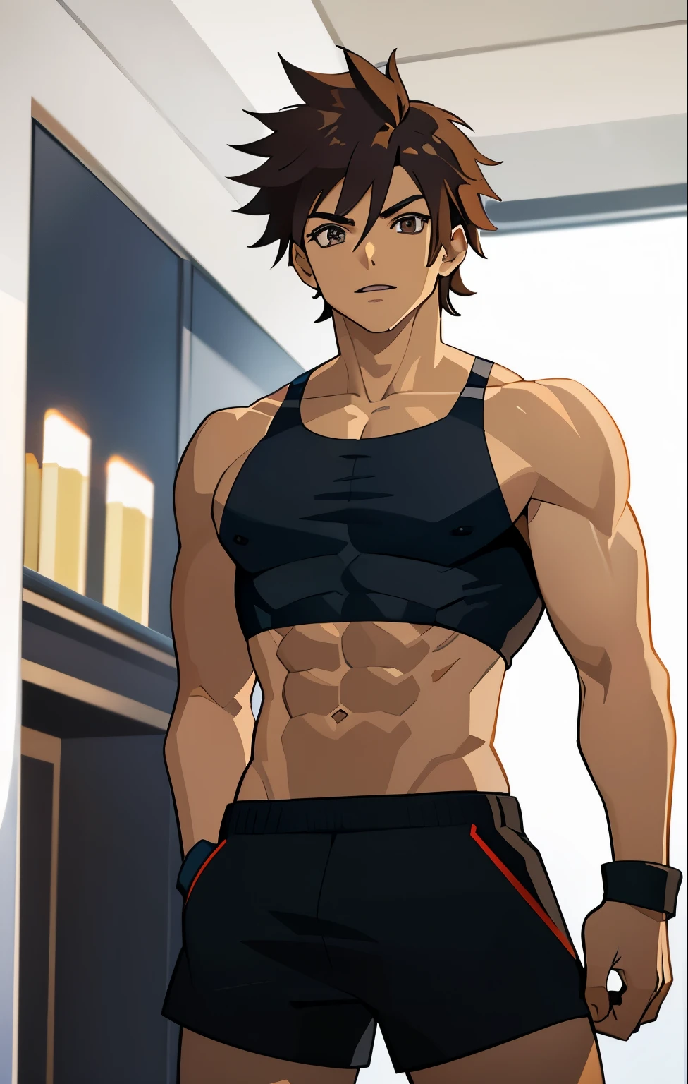 foolish, gym, Fit Boy, muscular!!, muscular!, muscular男性, working out, Seductive Anime Boy, muscular sweat lara croft, Boy with short red hair, Boy with brown eyes, Portrait of a seductive boy, garments:Black Sports Bra, Boy in shorts, ig model | ArtGerm, Charming anime boys, Hymns to the King as a Prince,