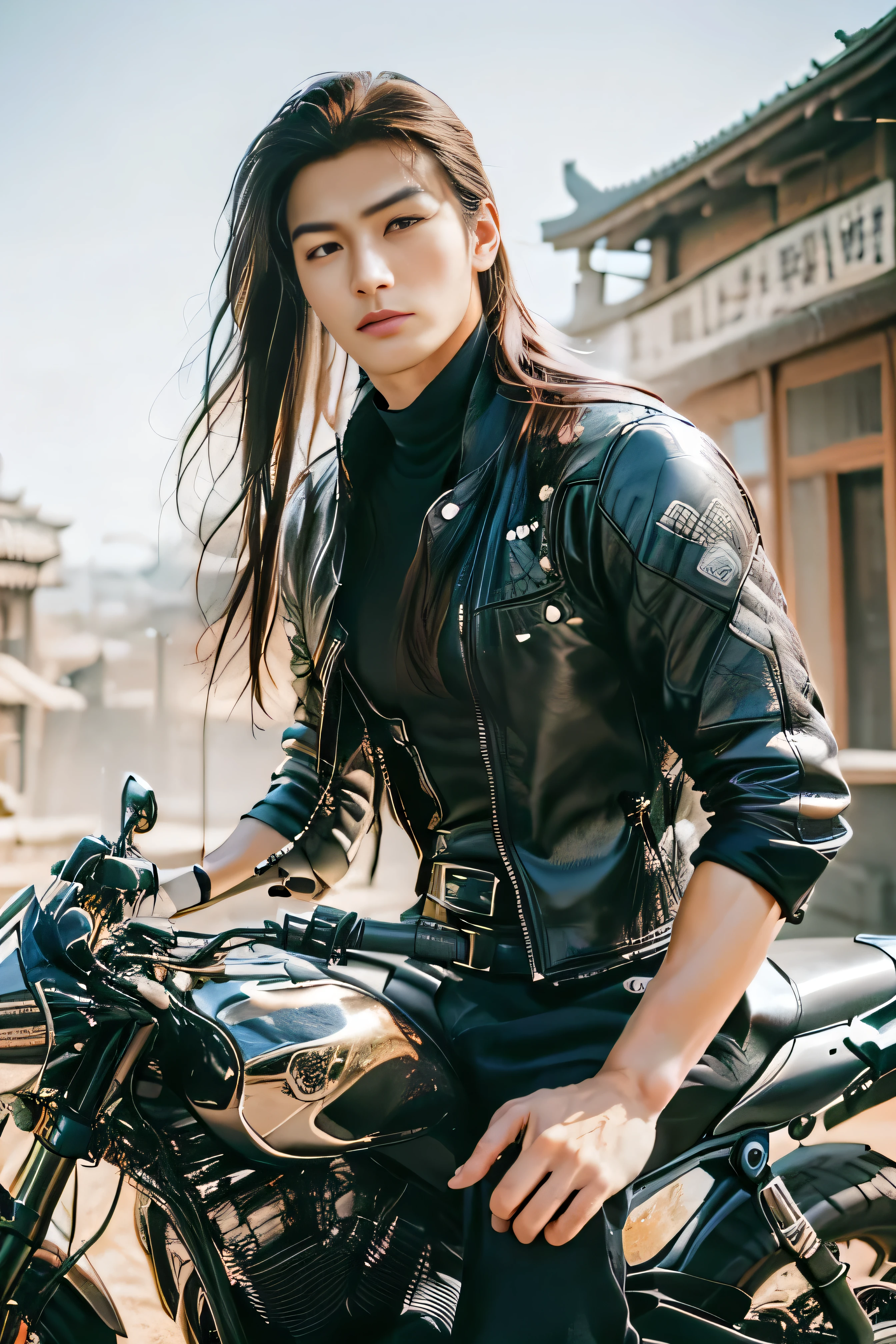 A 21-year-old Asian man，Thick eyebrows, handsome face，Men's full body ，the background is an ancient Chinese town，full moon，Pavilions and arch bridges，The limbs have pronounced muscle lines，high-definition photography，Real-world scenarios，Lots of detail, wearing black leather jacket, black jeans, black turtleneck shirt, magic, ((long hair)), looking into the distance, devilish gaze, riding a motorcycle