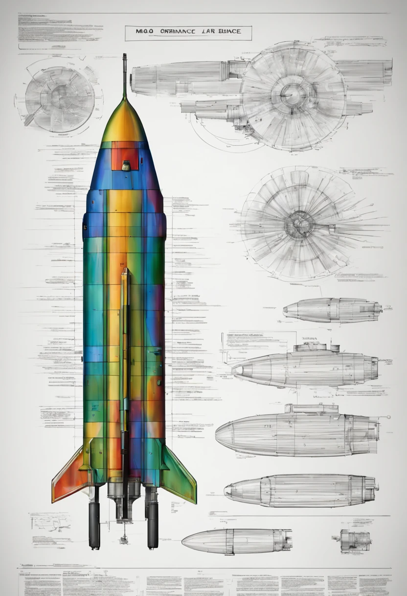 Blueprints Detailed with notes, multicoloured digital sketch of the MOAB(Massive Ordnance Air Burst. Colloquially known as the Mother of All Bombs.), slick bold design, clean lines, gloss finish, blueprint, perfect, awesome.