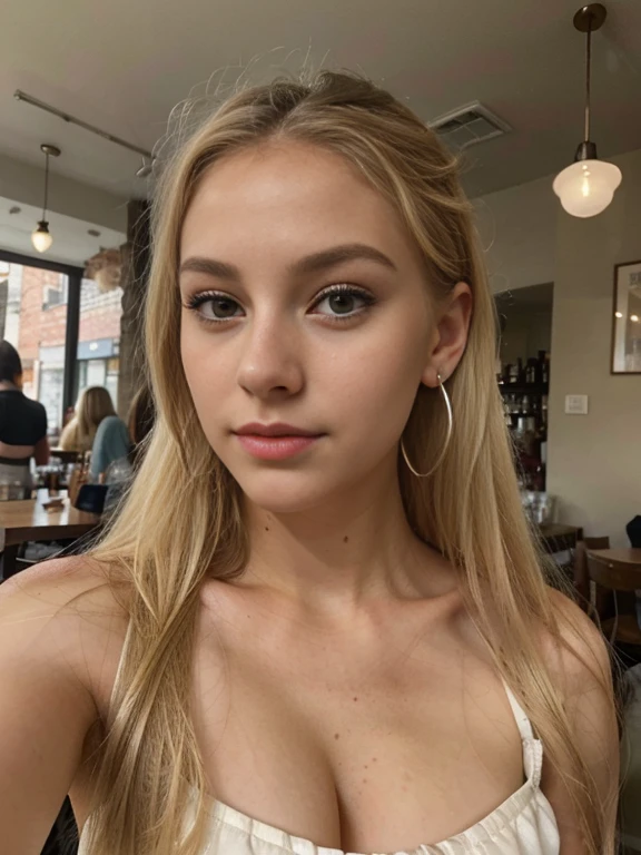 Photo of a 20 year old blonde woman, that has a very natural face, thin lips, thin eyes, thin eyebrows, thin nose, earrings, long eyelashes. She makes a cute selfie in a caffe
