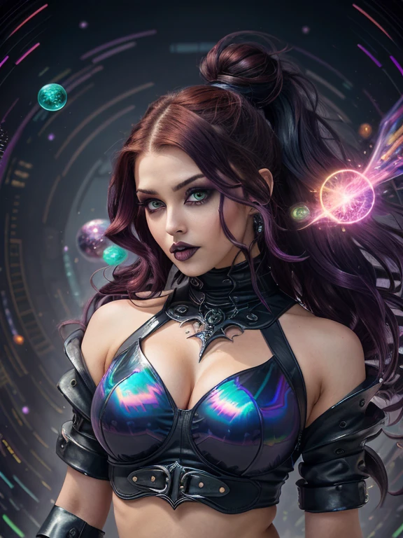 ultra detailed illustration female character, (focus on cute face) anime villain character wearing dark clothes, ultra detailed futuristic city environment, surrounded by iridescent soap bubbles, floating hair, very colorful, lots of colors, vector art by MSchiffer, ((motion effects)), crazy looking villain, league of legends merged with darkest dungeon, ((bold gothic makeup)), dark auburn/ginger hair in ponytail, miniskirt, crop top