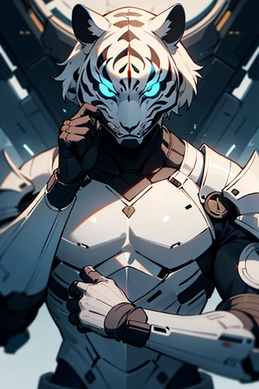 whitetiger is a white tiger half humanoid and half futuristic armor that is white male character His armor is tight to his body strong physical build he wears black gloves on his hands he has a mask on that covers his face He wears an elaborate mask that hides your identity, but behind her, your expression reveals deep secrets