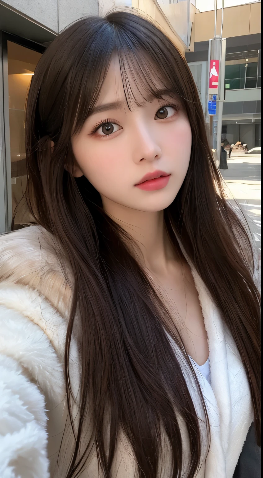 masutepiece, Best Quality, Illustration, Ultra-detailed, finely detail, hight resolution, 8K Wallpaper, Perfect dynamic composition, Beautiful detailed eyes, Glamorous winter fashion with fur,straight haired,small tits、Natural Color Lip,20 years girl、Cute、Sexy look looking at the camera,Beautiful detailed face,Perfect and beautiful face,KPOP Idol Face,Japan Idol Face,Classy face,Raw photo,Big eyes