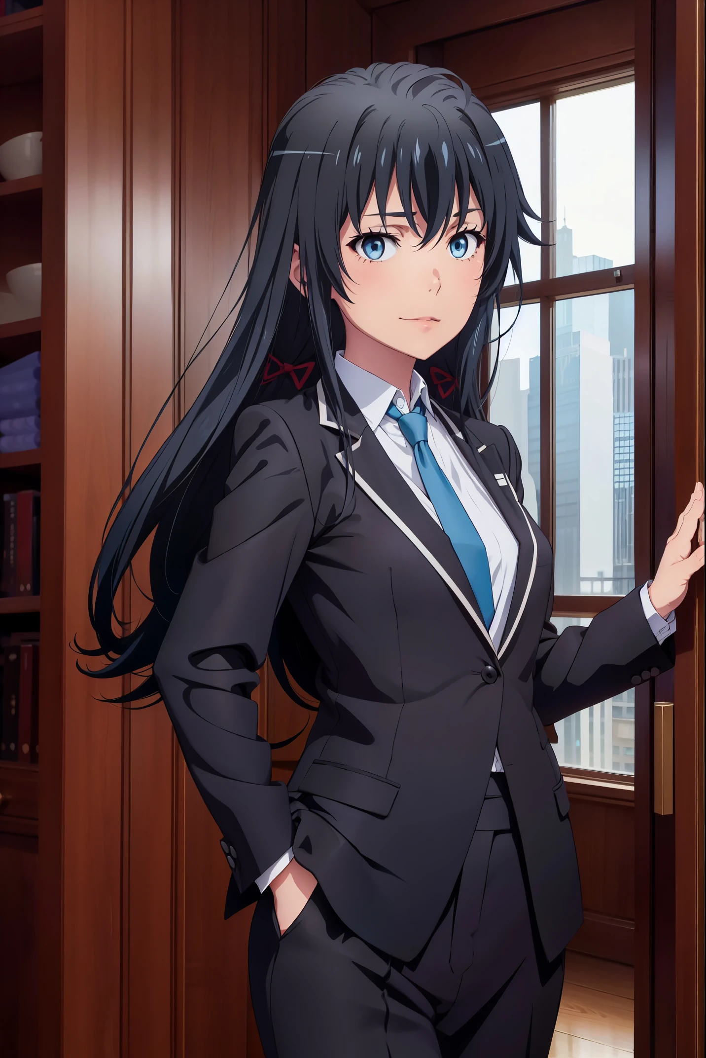 Best quality, masterpiece, highres,Yukinoshita yukino ,woman in formal attractive tailcoat standing in a large alcove in the room , 1girl, solo, blue necktie, black hair, blue eyes, long hair, smile , collared shirt, white pants, white shirt , tailored tailcoat elegant , standing in front of a window ,tailcoat tailored dancer party, badass dancer girl