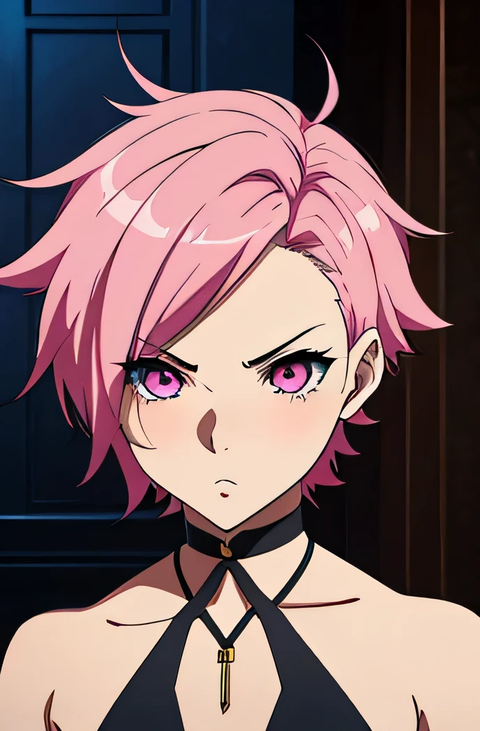 there is a cartoon picture of feminine boy with short pink hair, an anime drawing by Ei-Q, pixiv contest winner, gothic art, anime moe artstyle, 1 7 -  - old me, anime style portrait, in an anime style, demon femboy, flat anime style, cute, lewd crossdresser