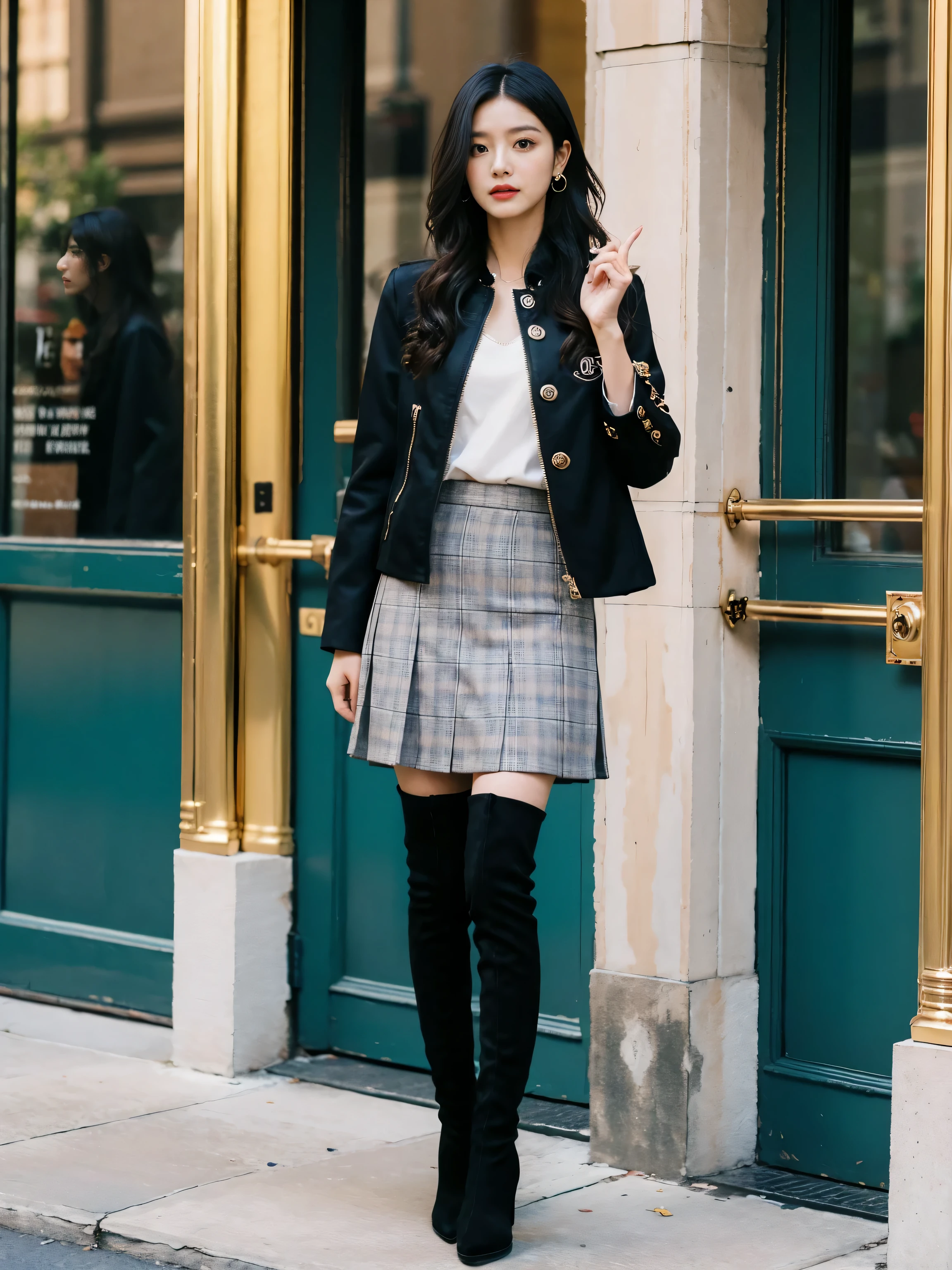 Best quality at best,tmasterpiece,超高分辨率,(actual:1.4),RAW photogr,hyper HD，8K，There is one girl，Stylish clothes,Chanel style，Stylish skinny suit, wearing jacket and skirt,high-class fashion，ellegance, short skirt and a long jacket, tigh-high boots，Over-the-knee boots，Casual pose，legs long