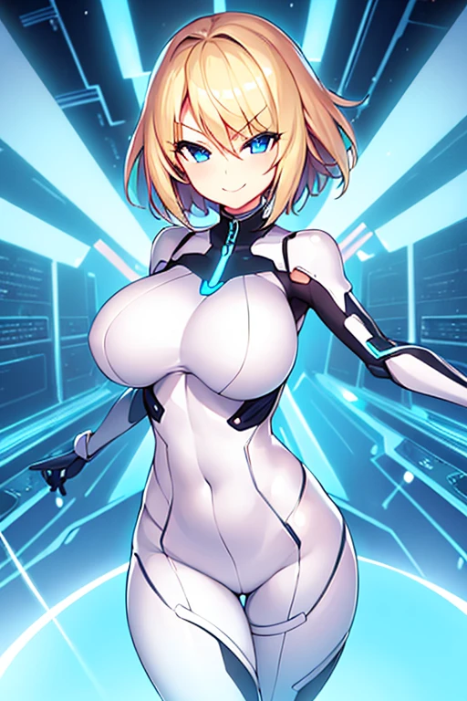 1girl, breasts, wide hips, large breasts, blonde hair, very short hair, blue eyes, smile, smirk, smug, bodysuit, white bodysuit, futuristic, science-fiction, tech, neon, neon trim, incoming hug, outstretched arms