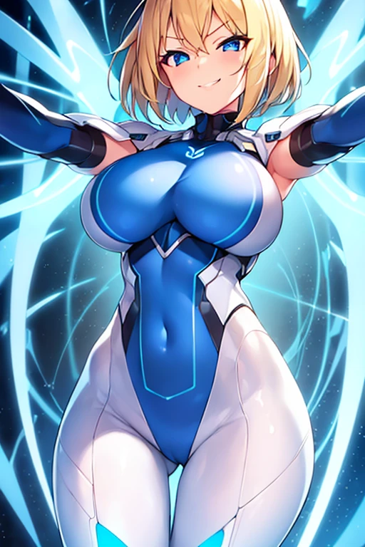 1girl, breasts, wide hips, large breasts, blonde hair, very short hair, blue eyes, smile, smirk, smug, bodysuit, white bodysuit, futuristic, science-fiction, tech, neon, neon trim, incoming hug, outstretched arms