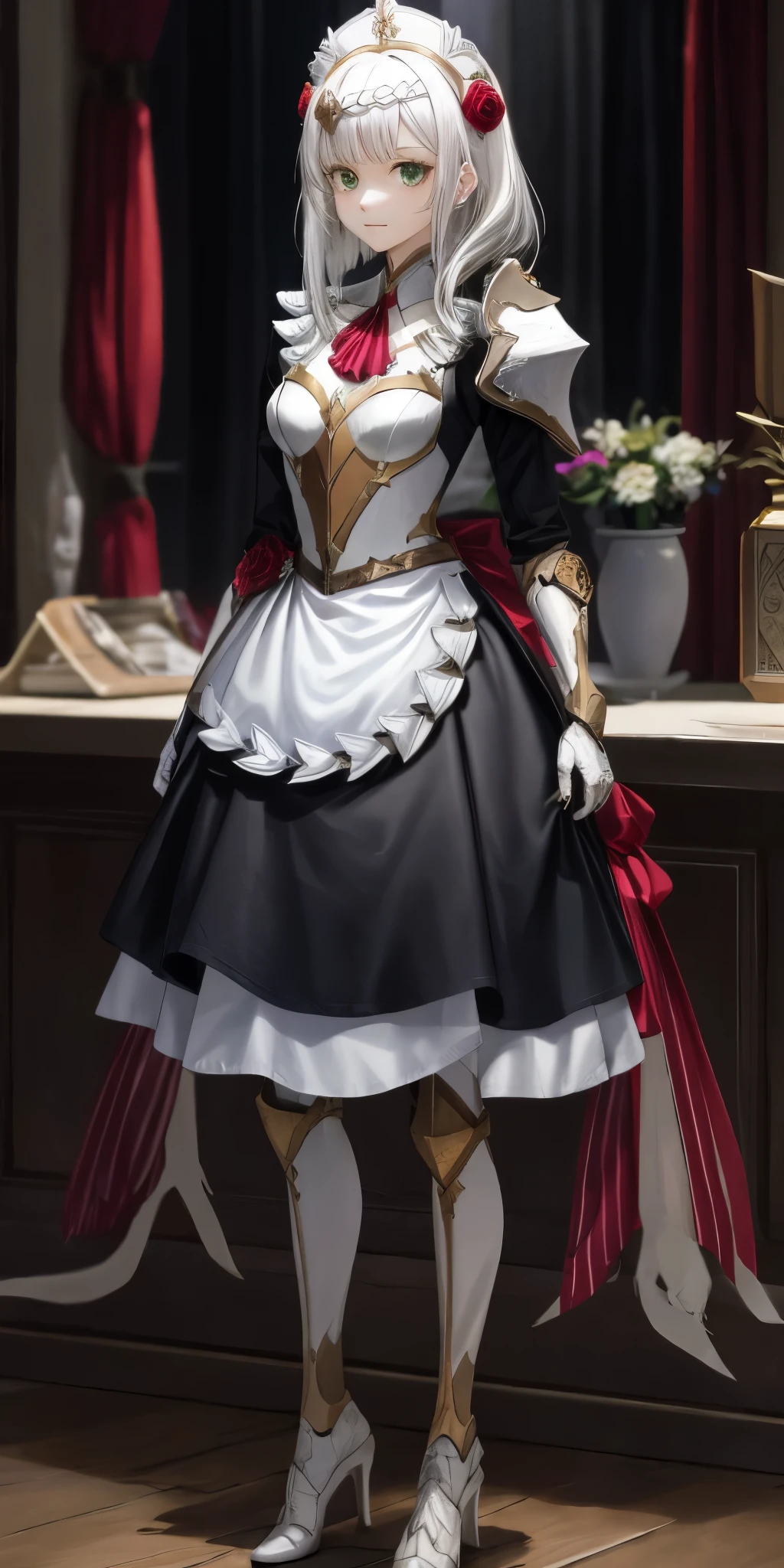 Female, standing, straight, long_hair, messy_hair, white_hair, maid with armor, metal high heels