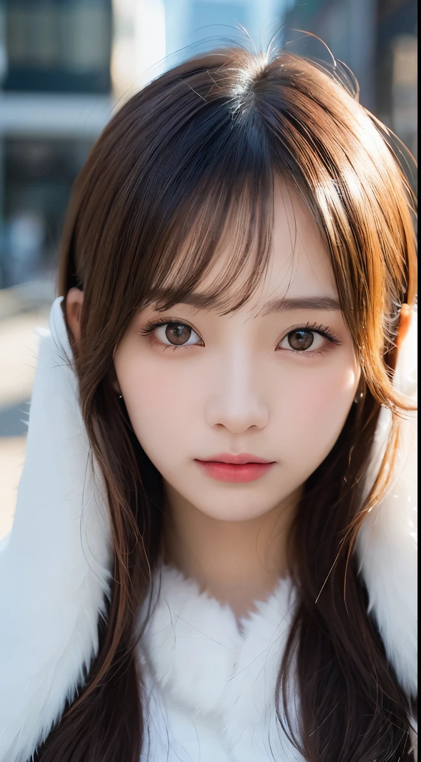 masutepiece, Best Quality, Illustration, Ultra-detailed, finely detail, hight resolution, 8K Wallpaper, Perfect dynamic composition, Beautiful detailed eyes, Glamorous winter fashion with fur,straight haired,small tits、Natural Color Lip,20 years girl、Cute、Sexy look looking at the camera,Beautiful detailed face,Perfect and beautiful face,KPOP Idol Face,Japan Idol Face,Classy face,Raw photo,Big eyes,gal make