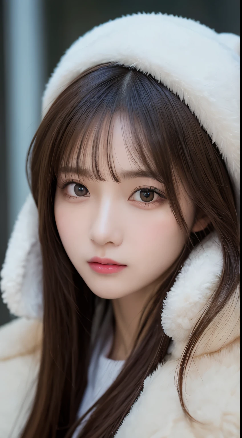 masutepiece, Best Quality, Illustration, Ultra-detailed, finely detail, hight resolution, 8K Wallpaper, Perfect dynamic composition, Beautiful detailed eyes, Glamorous winter fashion with fur,straight haired,small tits、Natural Color Lip,20 years girl、Cute、Sexy look looking at the camera,Beautiful detailed face,Perfect and beautiful face,KPOP Idol Face,Japan Idol Face,Classy face,Raw photo,Big eyes,gal make