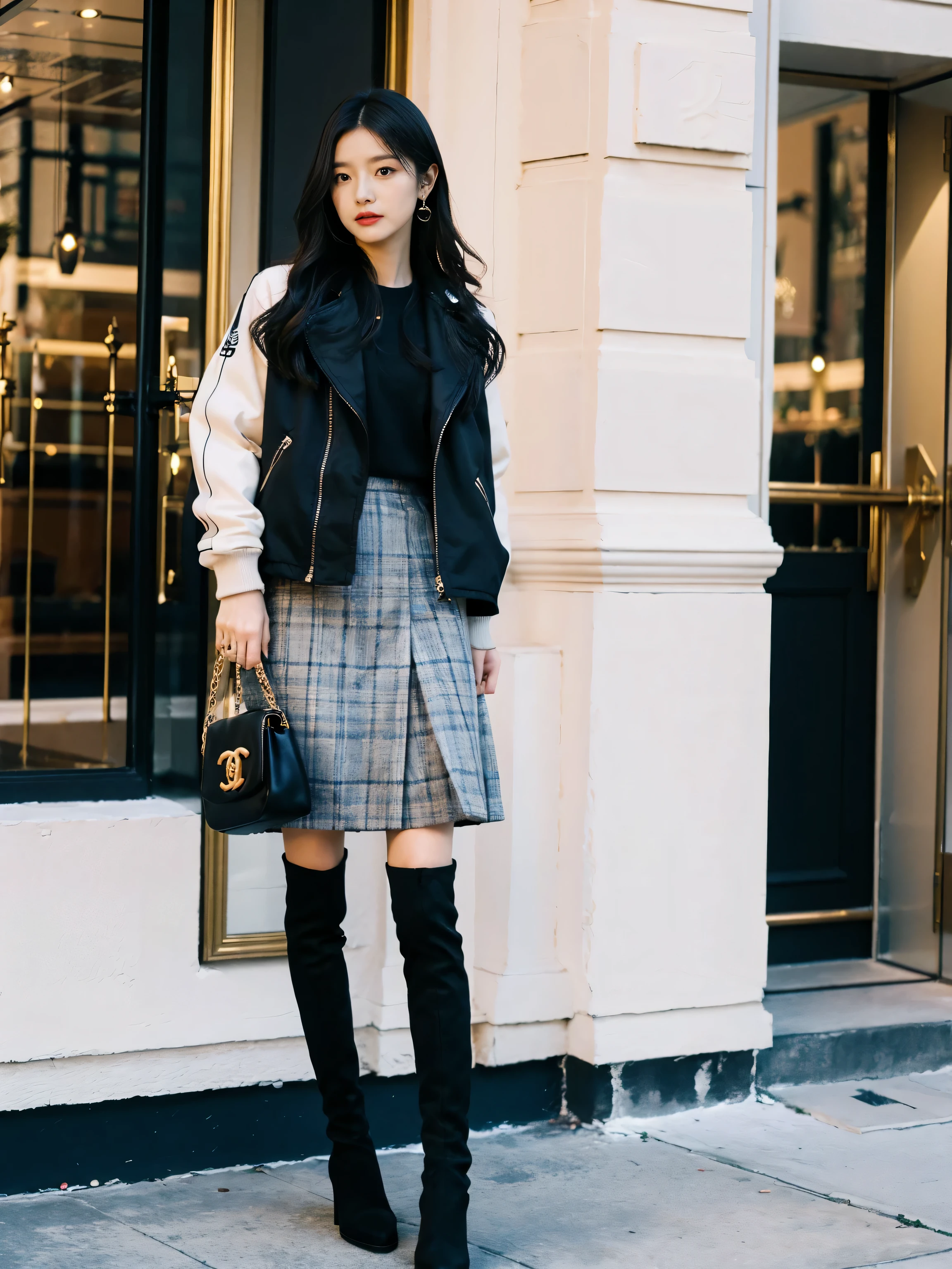 Best quality,tmasterpiece,超高分辨率,(actual:1.4),RAW photos,hyper HD,8K,There is one girl,Stylish clothes,Chanel style,Stylish skinny suit, wearing jacket and skirt,high-class fashion,ellegance, short skirt and a long jacket, tigh-high boots,Over-the-knee boots,Casual pose,legs long