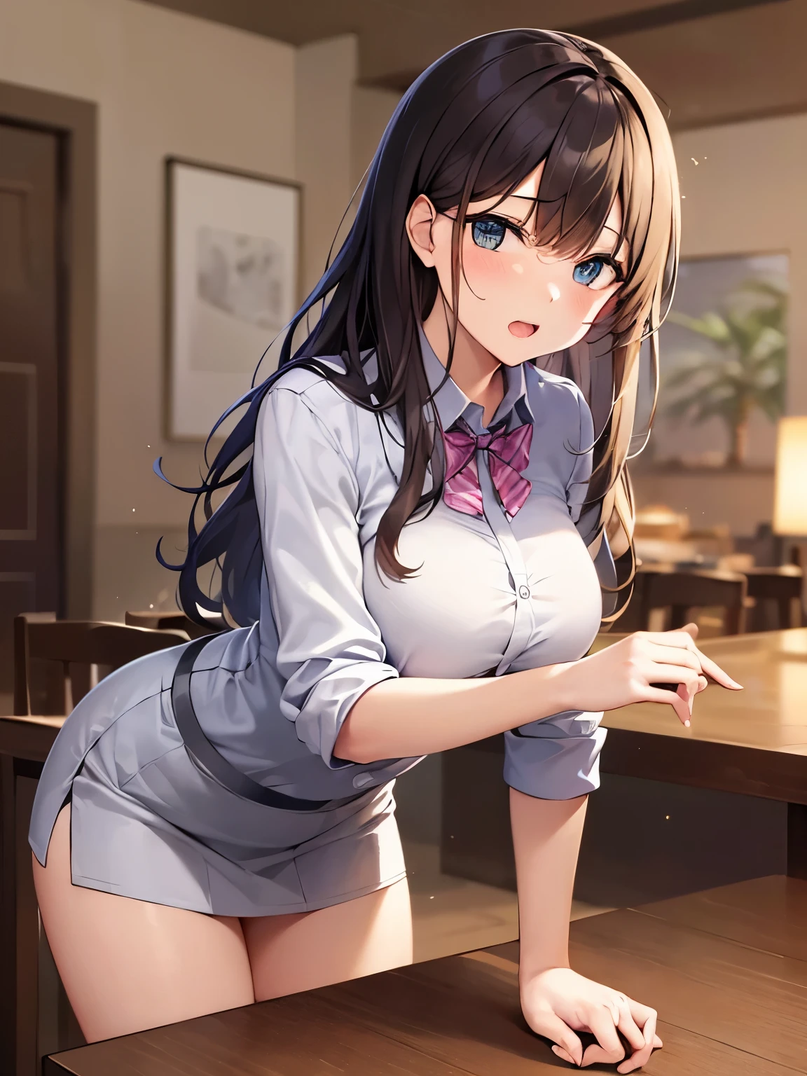 Placing hand on table, High angle, (leaning forward:1.3), Staring、​masterpiece、top-quality、 A 40-year-old green-eyed woman with wavy lobed brown bangs.、Wearing a gray suit、Wearing a white blouse、wearing a tight gray skirt、scared, open mouth, The background is a restaurant、(is standing:1.3)、Bold composition、Alone、