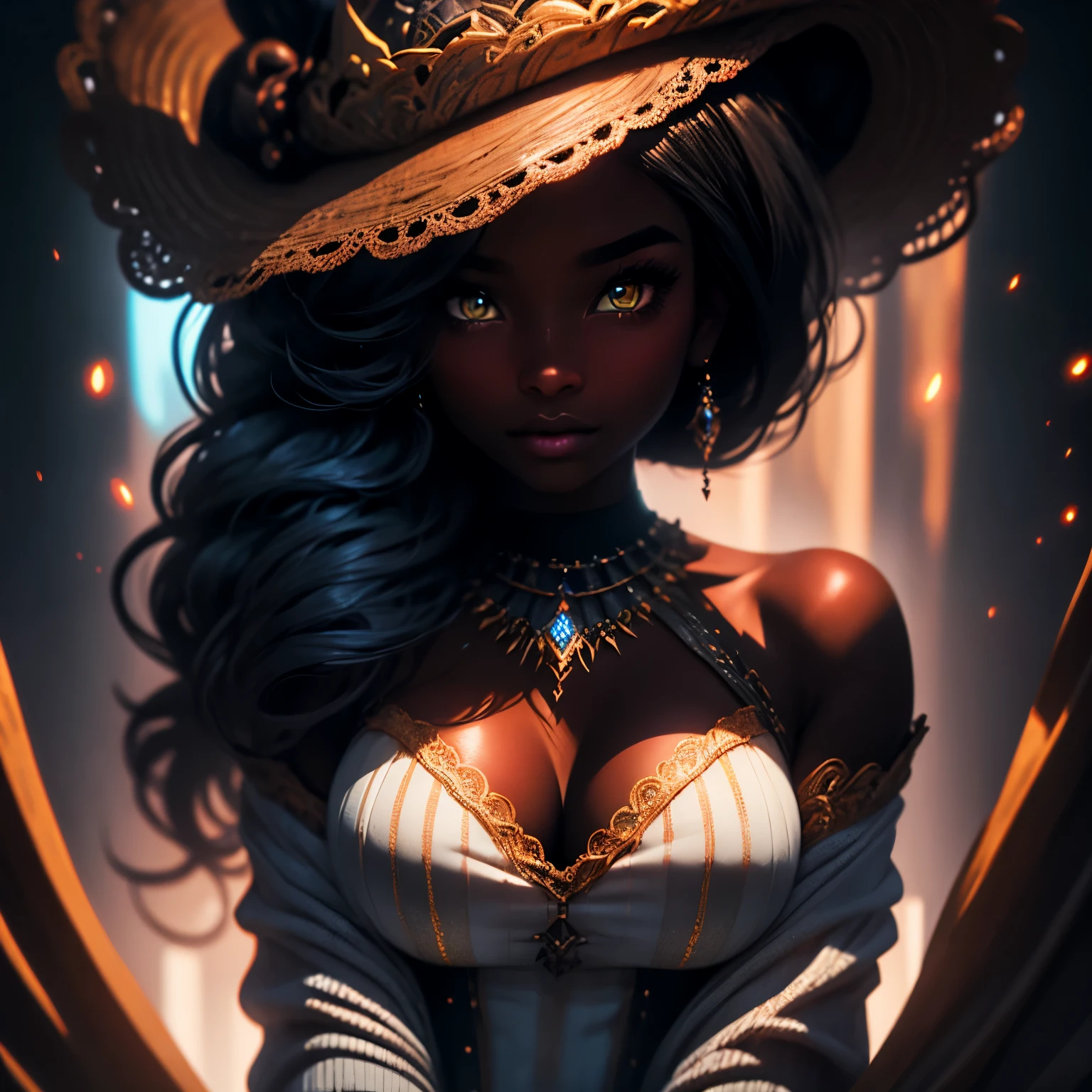 Upper body shot, beautiful black woman with flawless dark cinnamon skin, long hair with a gradient bioluminescent blue effect, clearly defined facial features,flawless skin, big detailed eyes, hourglass figure, voluptuous, round hips, in an elegant off the shoulder sweater and skinny jeans, haughty, glowing flowers in a darkness, shadowed,behance masterpiece, best high quality image,96k, uhd, HD, HDR, depth of field, 1080P wallpaper, high quality, light and shadow, detailed decoration, insanely detailed, UHD picture quality in the style of Amy Sol