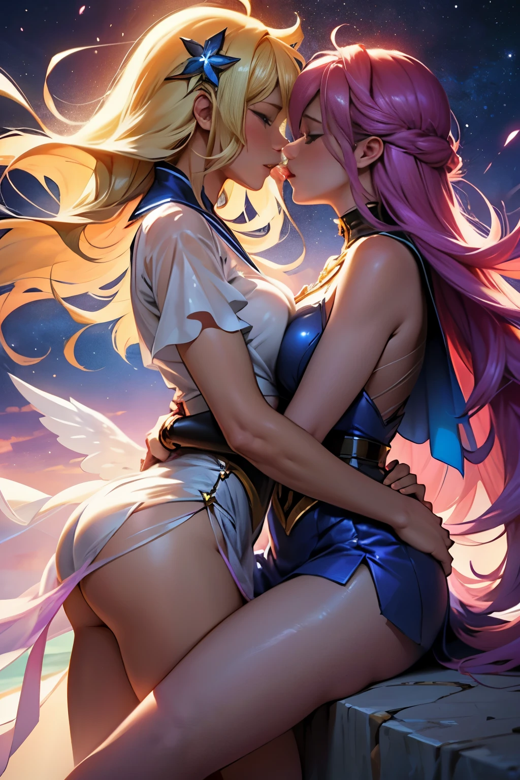 2 heavenly magical girls, estilo star guardians, muito lindas, muito bonitas, muito atraentes, como cabelos bonitos e coloridos, rostos detalhados e perfeitos, Detailed and perfect hands, roupas coloridas e bonitas, Artstation Trend, esquema de cores legal, semi-realismo, em uma escola japonesa a noite cercada por monstros, magical girl clothes, magical girl clothes in puella magica style, sailor moon, star guardians do league of legends, s amigas juntas,(Passionate Deep Kiss, lesbian kiss,saliva,Hug each other tight:1.2),ultra miniskirt,(see through costume:1.3),large breast,erected nipples,from below,sitting