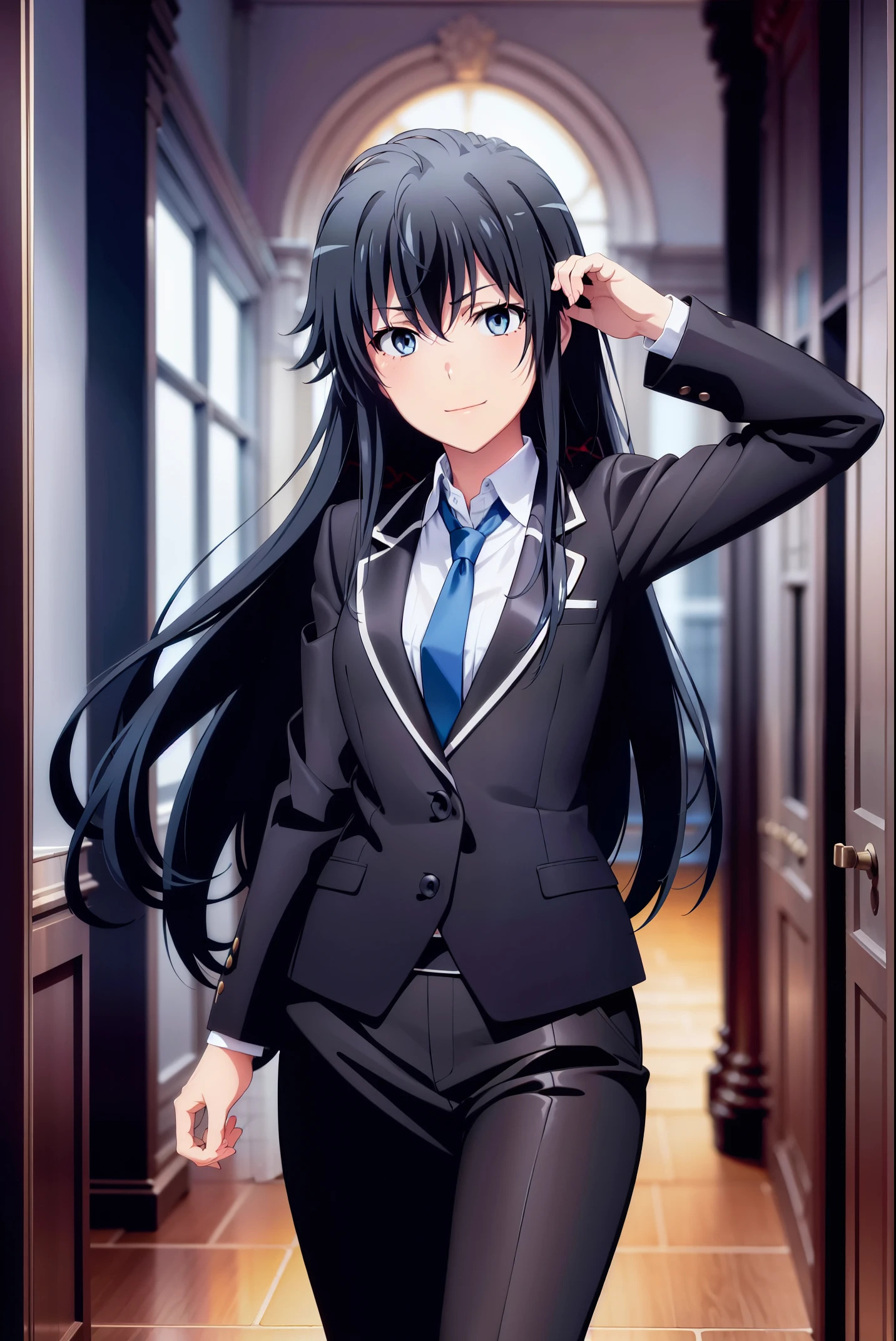 Best quality, masterpiece, highres,Yukinoshita yukino ,woman in formal attractive tailcoat standing in a large alcove in the room , 1girl, solo, blue necktie, black hair, blue eyes, long hair, smile , collared shirt, white pants, white shirt , tailored tailcoat elegant , standing in front of a window ,tailcoat tailored dancer party, badass dancer girl