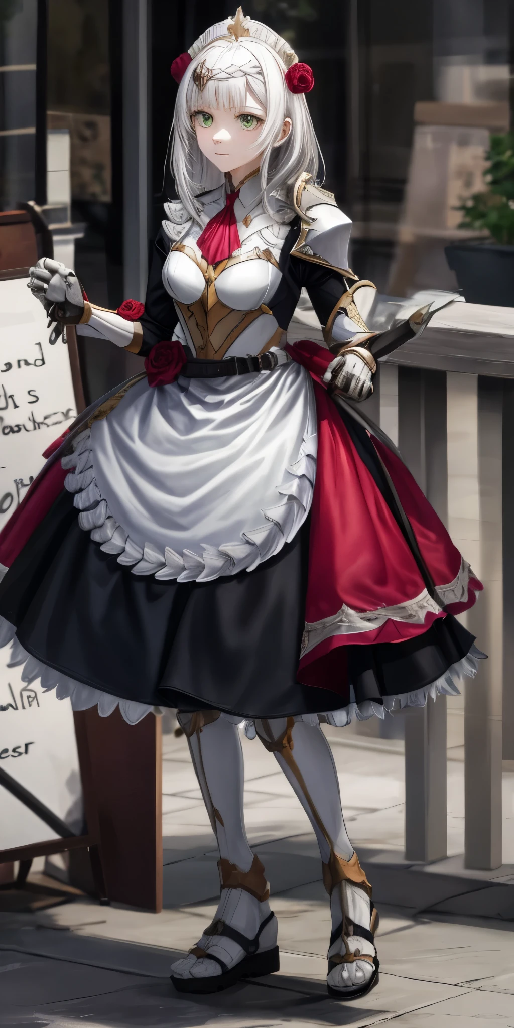 Female, standing, straight, long_hair, messy_hair, white_hair, maid with armor, metal sandals