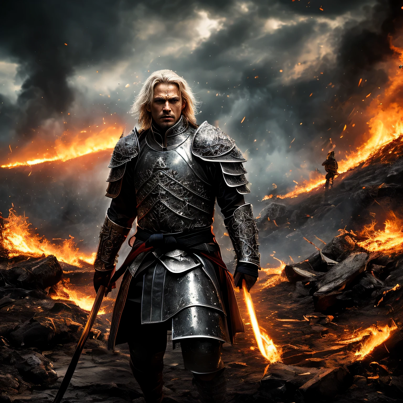 Arcane Power Champion, This poster shows the majesty of the knight, Martial arts and arcane arts. Character appears on the battlefield, Their swords are surrounded by flames,Their other hand crackled like lightning. as they channel arcane energy around them,their eyes will sparkle. their ornate armor, Decorated with magical symbols, shimmering with intricate details. the are In the background, The battlefield is in chaos, A clash of fire and magic