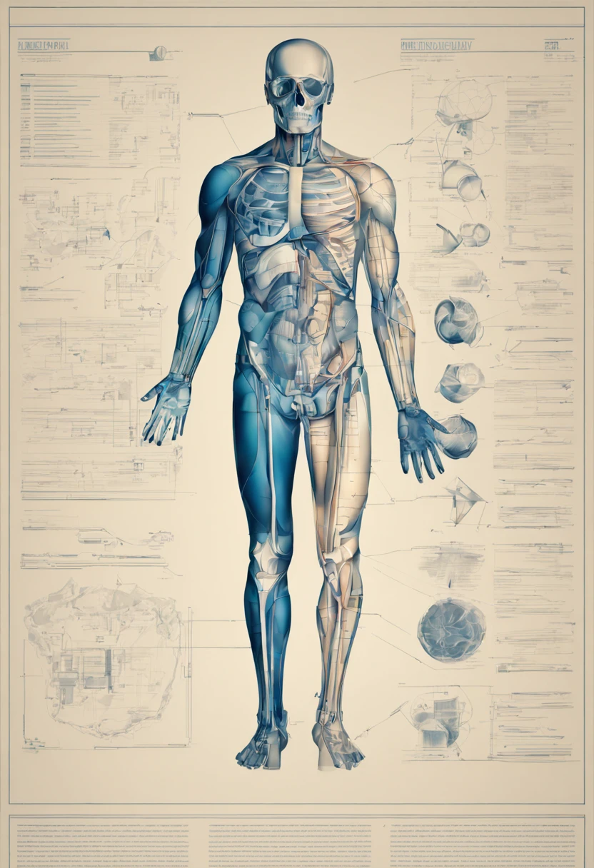 (detailed,high quality)Blueprints of the Human Anatomy, (multicolored,digital)sketch, (bold,slick,clean) design with clean lines, (glossy, metallic finish), (detailed) notes, (blueprint-style), (perfect,awesome) composition.