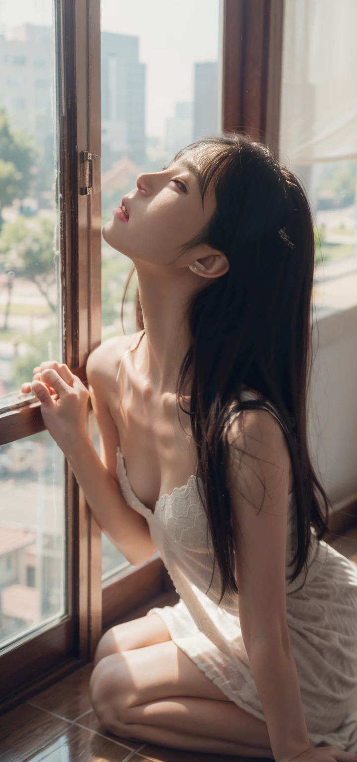 1girl, Realistic Chinese pretty teenage girl,16-years old,black long hair, pink colour lace night dress,erotic, small breast,sweat, greasy, kneeling on ground, from above, point of view, POV, High Angle, looking up to the camera,eye contact, sweat on body,
sweat body, sweat breasts, greasy body, greasy breasts, kneel and look up to me,beside the window