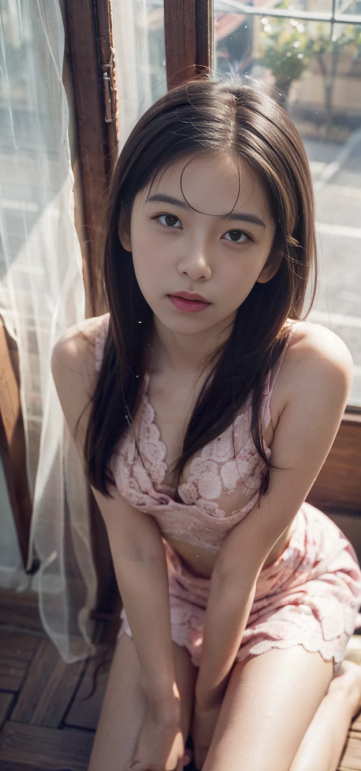 1girl, Realistic Chinese pretty teenage girl,16-years old,black long hair, pink colour lace night dress,erotic, small breast,sweat, greasy, kneeling on ground, from above, point of view, POV, High Angle, looking up to the camera,eye contact, sweat on body,
sweat body, sweat breasts, greasy body, greasy breasts, kneel and look up to me,beside the window