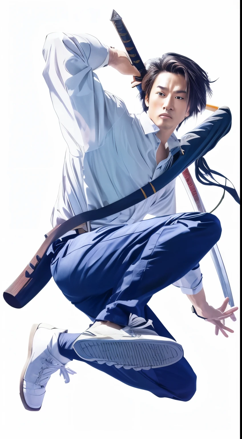 a man with a sword and a white shirt on, jumping pose, dramatic wielding katana pose, background is a bamboo jungle