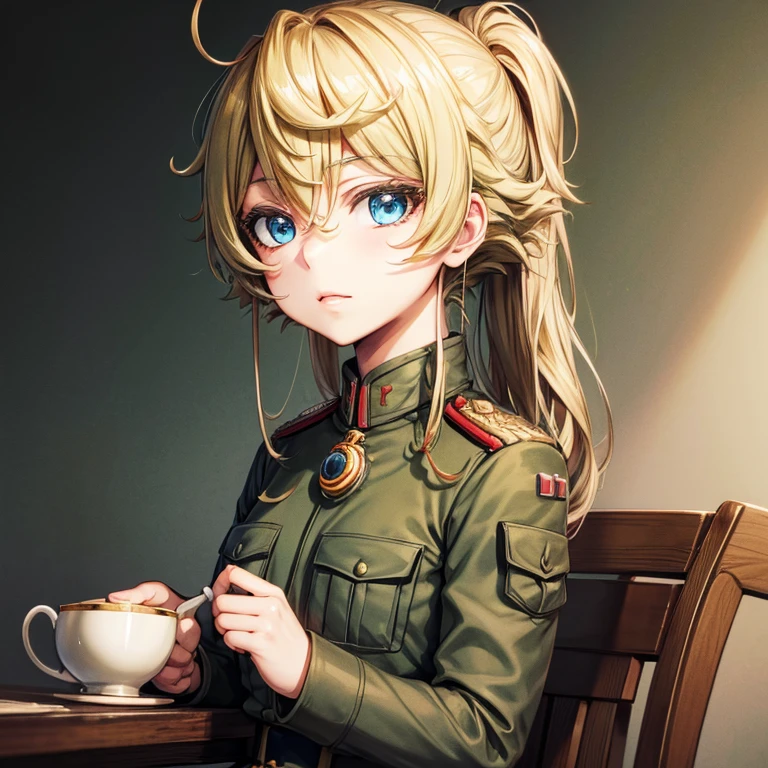 Tanya Degurechaff Character from youjo senki, Army Uniform, Soft Smile, Hold a Cup of tea, Beautiful Face, detailed face,