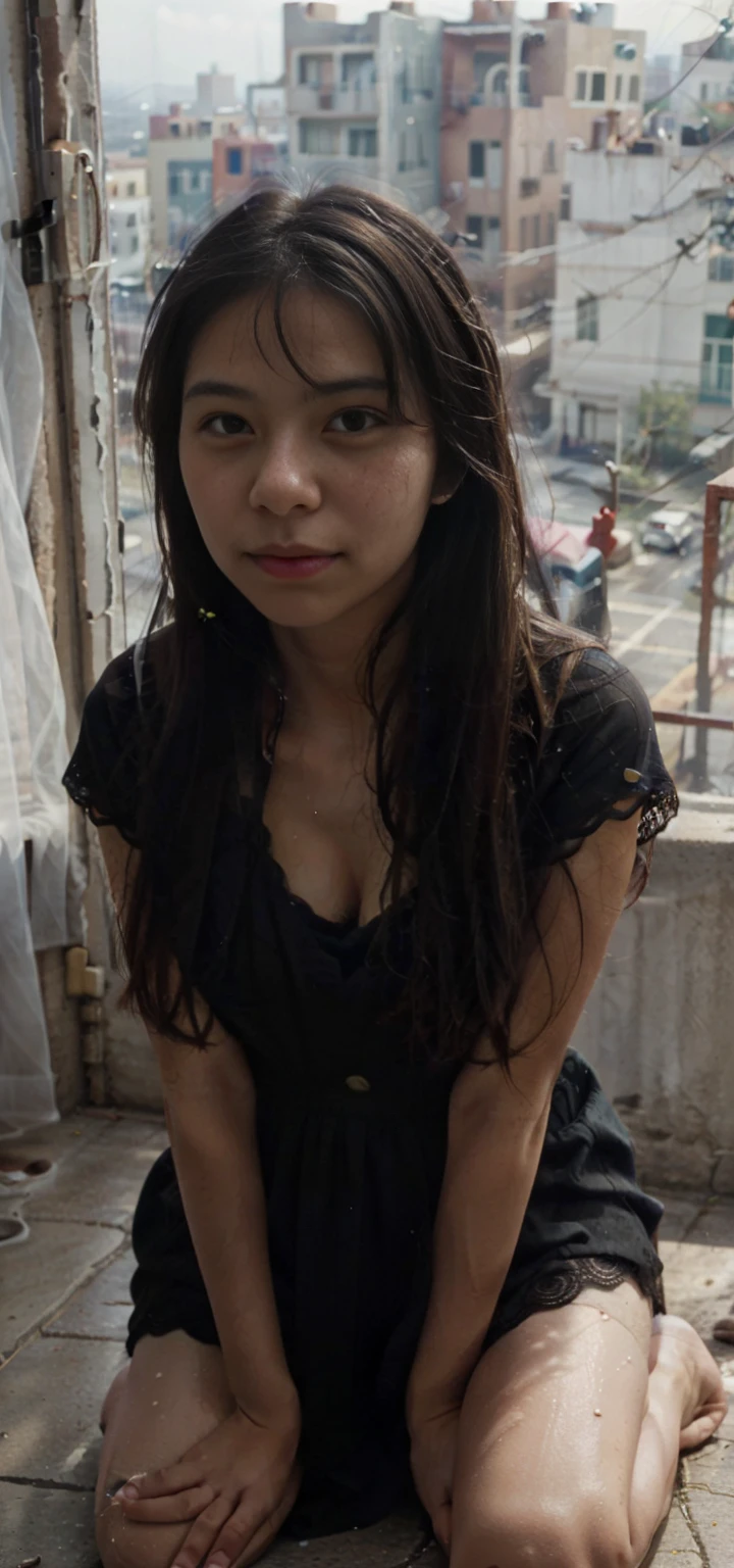 1girl, Realistic Chinese pretty teenage girl,16-years old,black long hair, black colour lace night dress,erotic, small breast,sweat, greasy, kneeling on ground, from above, point of view, POV, High Angle, looking up to the camera,eye contact, sweat on body,
sweat body, sweat breasts, greasy body, greasy breasts, kneel and look up to me,beside the window