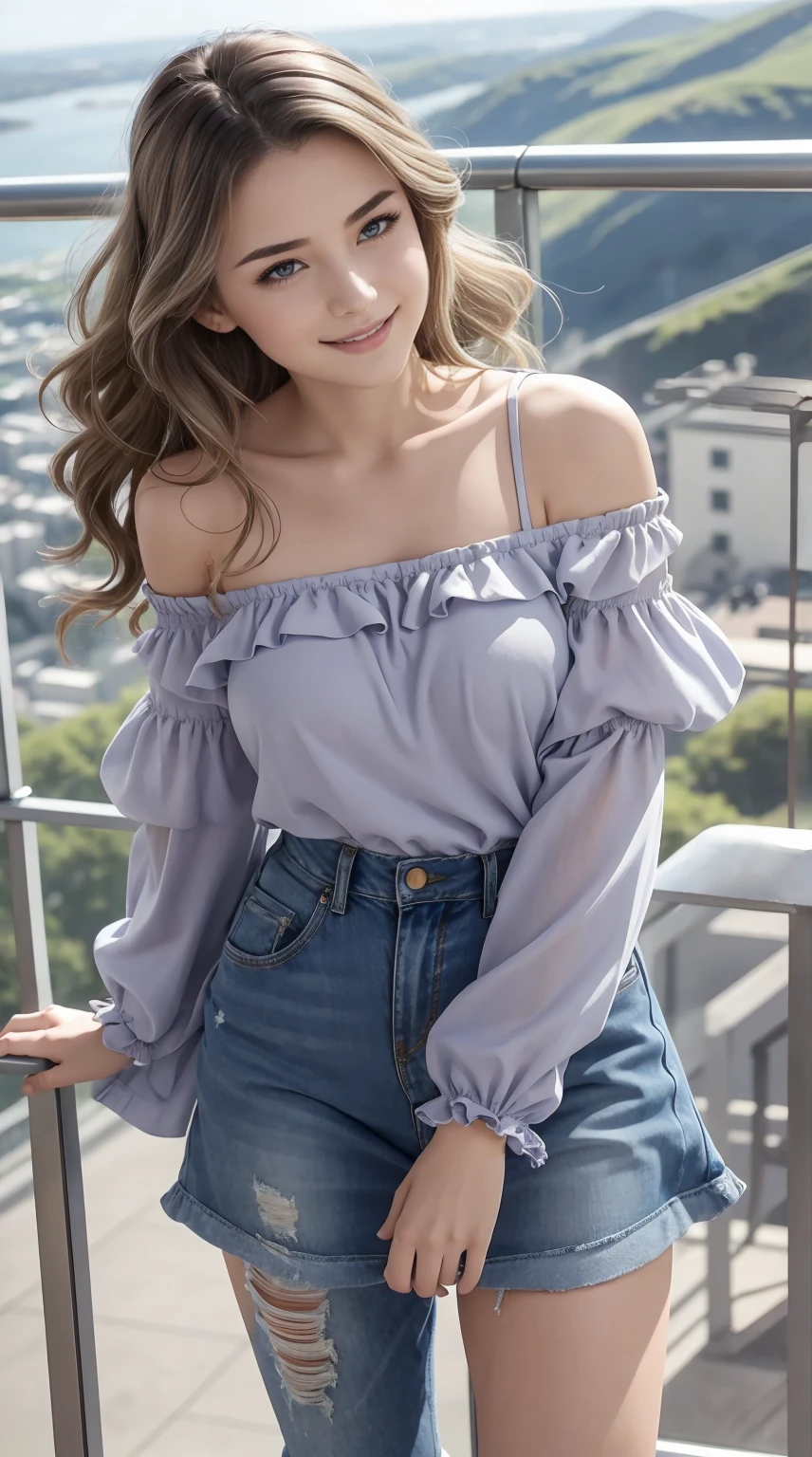 24-year-old Caucasian woman、Hair color is a gradation of brunette and purple、Hair is wavy、Eye color is blue、Longhaire、A slender、a smile、Beautiful breasts、A slenderだが均整の取れた細マッチョな身体、wearing an off-shoulder blouse with frills、She&#39;s wearing a frilly arm dress、I'm wearing jeans、I'm wearing high heels、I&#39;m on an observation deck on top of a small mountain with a great view in Europe.、I grabbed the railing and looked at the scenery below.、a smile、I'm wearing a hair ornament、setting hair、Hair flutters in the wind