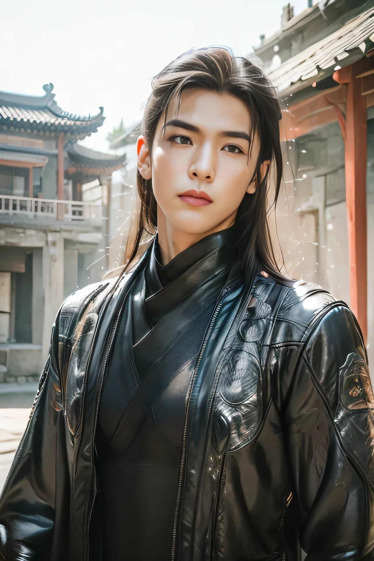 A 21-year-old Asian man，Thick eyebrows, handsome face，Men's full body ，the background is an ancient Chinese town，full moon，Pavilions and arch bridges，The limbs have pronounced muscle lines，high-definition photography，Real-world scenarios，Lots of detail, wearing black leather jacket, black jeans, black turtleneck shirt, magic, ((long hair)), looking into the distance, devilish gaze, riding a motorcycle