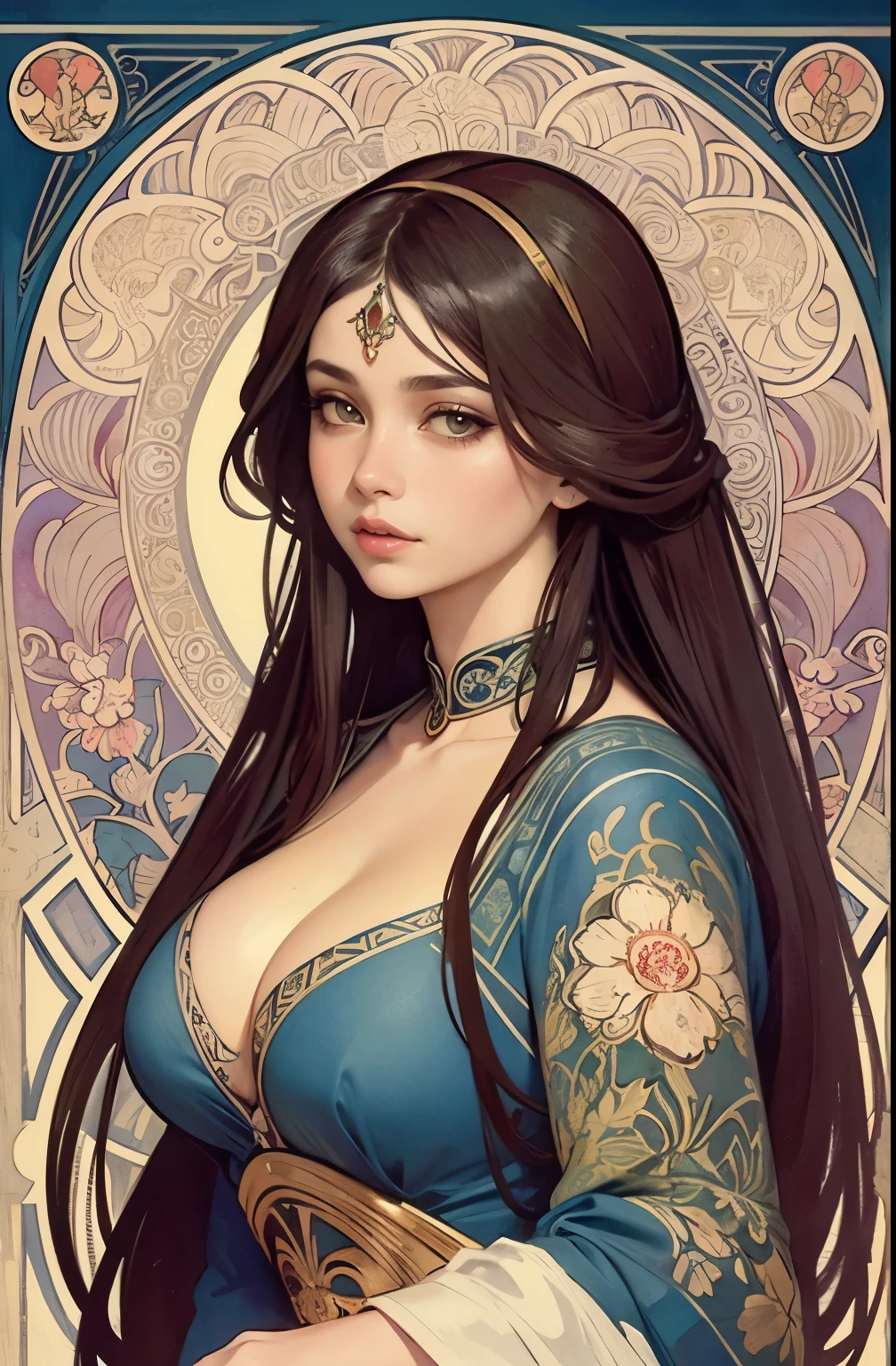 ((masterpiece)), (best quality), (cinematic),  art nouveau style watercolor painting , the Goddess of Austronesian, large breasts, big eyes, long thick eyelashes, cleavage, full lips, dark red eyes, long thick hair,  high ponytail, accessories, flower_background, featuring intricate designs and patterns in the style of Alphonse Mucha.