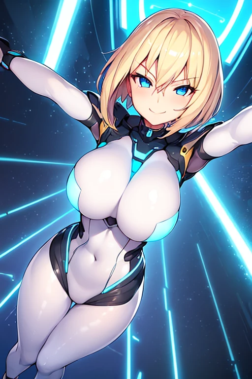 1girl, breasts, wide hips, large breasts, blonde hair, very short hair, blue eyes, smile, smirk, smug, bodysuit, white bodysuit, futuristic, science-fiction, tech, neon, neon trim, incoming hug, outstretched arms, shoes, sneakers, pantyhose, black pantyhose