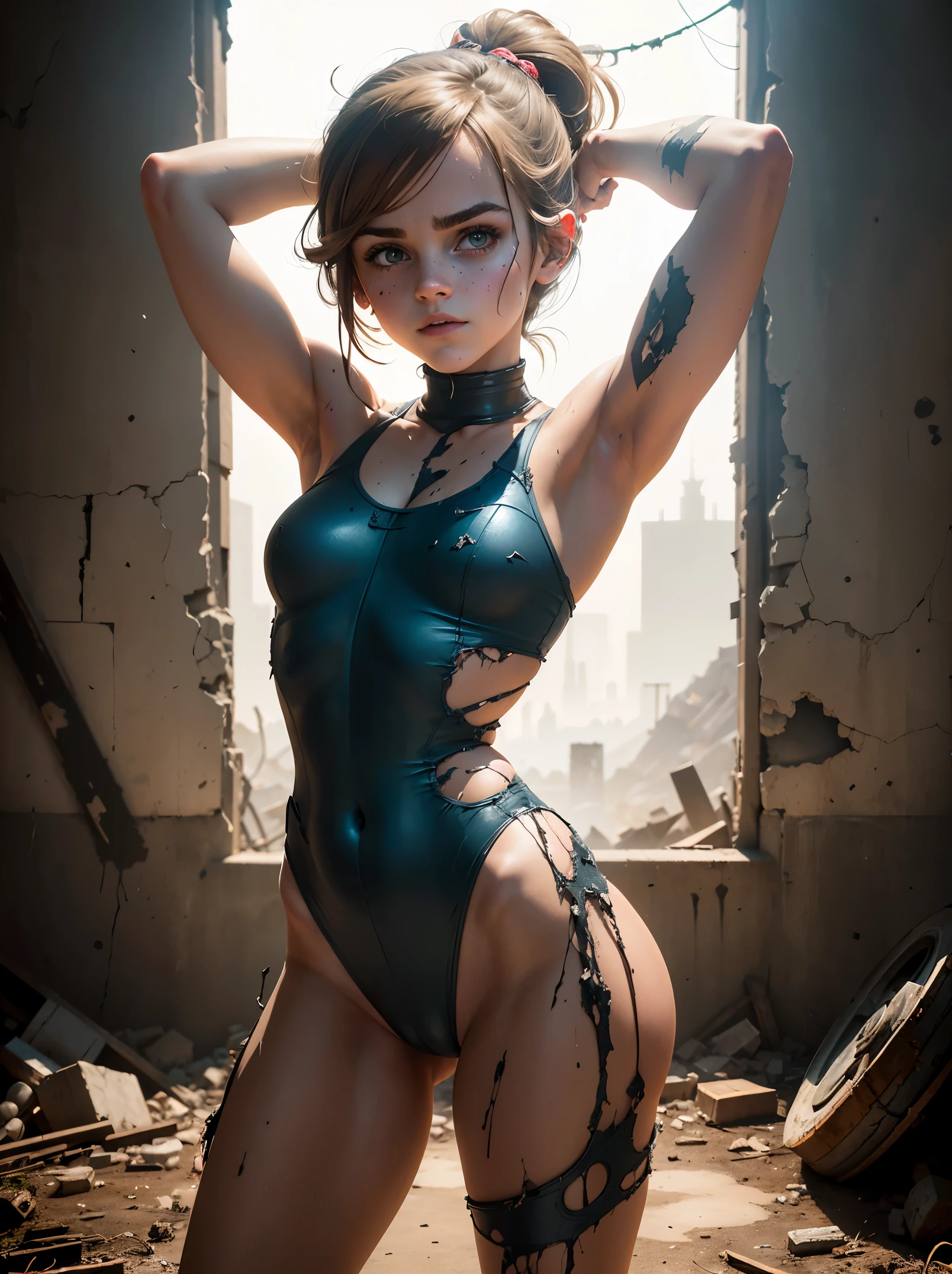 a beautiful emma watson dressed as megaman standing and stretching her arms as a captivating figure amidst the desolation. her physical appearance tells a story of tragic transformation and decay, evoking both fascination and a sense of unease. the teenrobot girl's once-youthful countenance is marred by the relentless grip of decay. Their her flesh, once vibrant and alive, now hangs in tattered shreds, exposing patches of decomposed muscle and bone beneath.